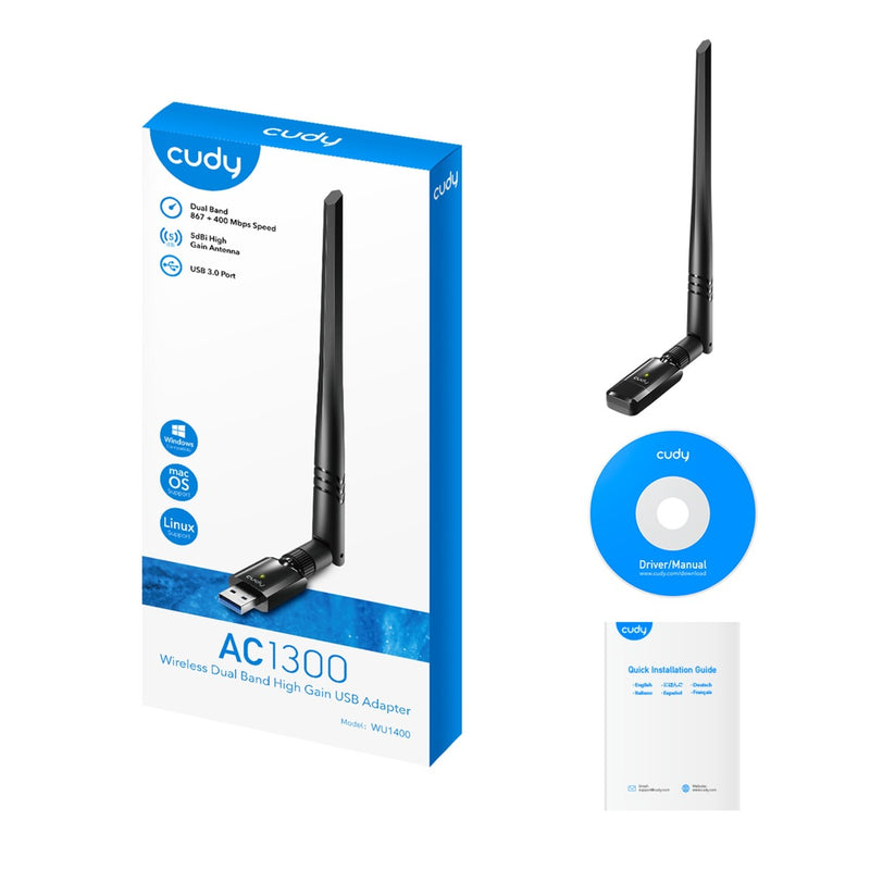 Load image into Gallery viewer, Cudy ac1300 wi-fi high-gain usb wlan adapter (zwart)
