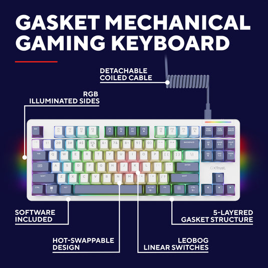 Trust gxt 872 xyra mechanisch tkl-gamingtoetsenbord, gaming toetsenbord (wit, us lay-out, leobog seiya, 80% (tkl), rgb, hot swap)
