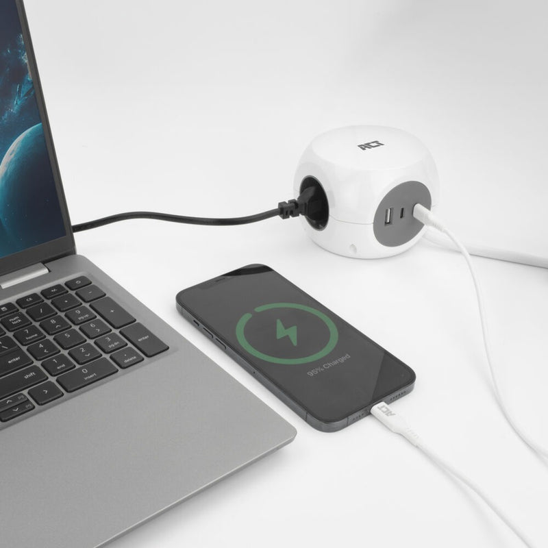 Load image into Gallery viewer, Act connectivity stekkerdoos kubus met 3 stopcontacten, 30w power delivery usb-c a poorten, kabellengte 1,5m stekkerdoos (wit, type f)
