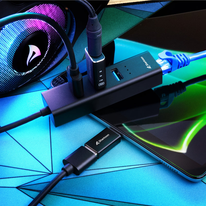 Load image into Gallery viewer, Sharkoon 3-port usb 3.2 gen 1 aluminium + gigabit lan dockingstation (zwart)
