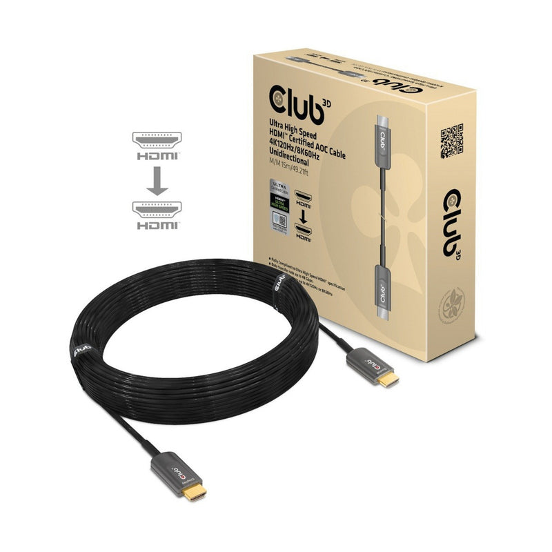 Afbeelding laden in galerijviewer, Club 3d ultra high speed aoc hdmi 2.1 gecertificeerde unidirectioneel kabel male-male (zwart, 15 meter, 4k 120hz, 8k 60hz, 48 gbps)
