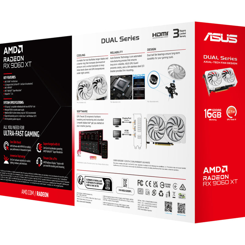 Load image into Gallery viewer, Asus radeon rx 9060 xt dual white edition 16gb grafische kaart (wit, rdna4, gddr6, 2x displayport, 1x hdmi 2.1)
