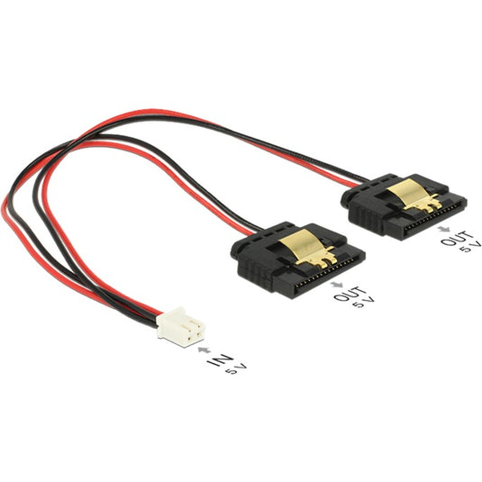 Delock power 2-pin female > 2 x sata 15-pin splitterkabel (zwart rood, 0,2 meter)