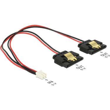 Delock power 2-pin female > 2 x sata 15-pin splitterkabel (zwart rood, 0,2 meter)