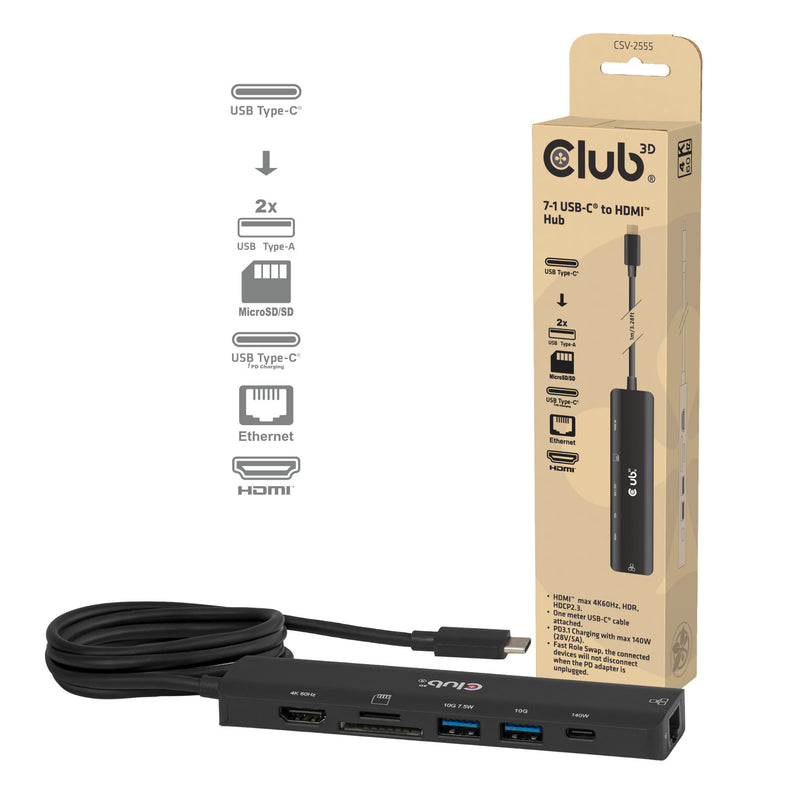 Afbeelding laden in galerijviewer, Club 3d csv-2555 7-1 usb-c naar hdmi hub (zwart, 4k60hz, pd3.1 140w, usb-a, usb-c, lan, microsd)
