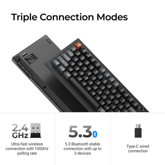 Keychron v3 ultra 8k wireless custom mechanical keyboard (zwart, us lay-out (qwerty), silk pom banana, 80% (tkl) , rgb, hot swap, 2.4 ghz | bluetooth 5.3 | usb-c)