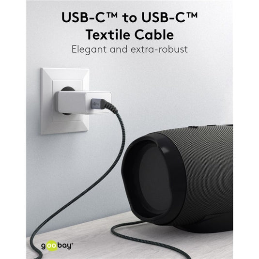 Goobay usb-c snellader nano (65 w) en usb-c textielkabel (zwart, 2x usb-c, 1x usb-a, 1 meter)