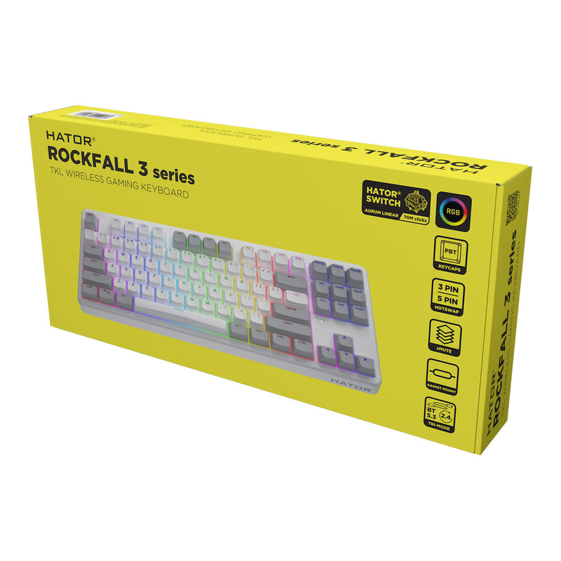 Load image into Gallery viewer, Hator rockfall 3 tkl wireless rgb mechanisch gaming toetsenbord (wit, us lay-out (qwerty), hator aurum orange, 80% (tkl), rgb, pbt keycaps, hotswap, 2.4 ghz bluetooth usb-c)

