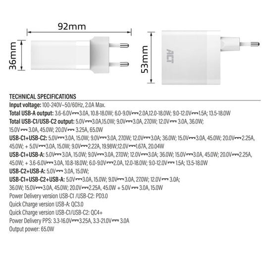 Act connectivity usb-c usb-a lader 65w 3-poorts met power delivery pps, quickcharge en ganfast (wit)