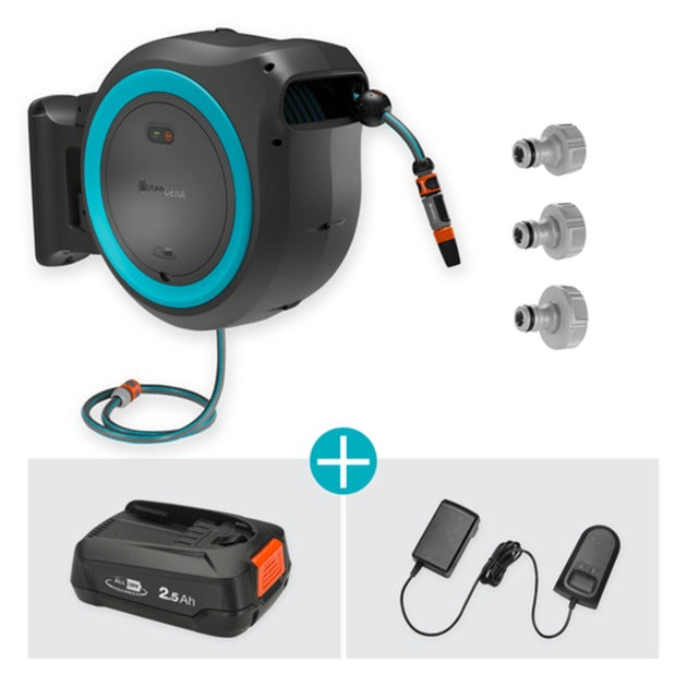 Load image into Gallery viewer, Gardena 35 m wand-slangenbox powerroll xl slanghaspel (grijs turquoise, 35 meter, accu en oplader inbegrepen, power for all alliance)
