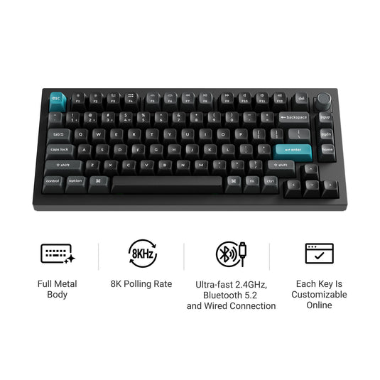 Keychron q1 ultra-m1 8k wireless custom mechanical keyboard (zwart, us lay-out (qwerty), silk pom red, 75%, rgb, hot swap, 8k, 2.4 ghz | bluetooth 5.2 | usb-c)