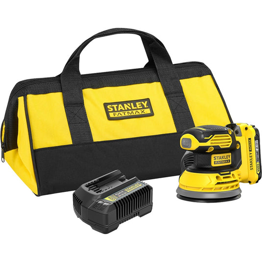 Stanley fatmax v20 18v excentrische schuurmachine (geel zwart, softbag, accu (2.0ah) en oplader (2a) inbegrepen)