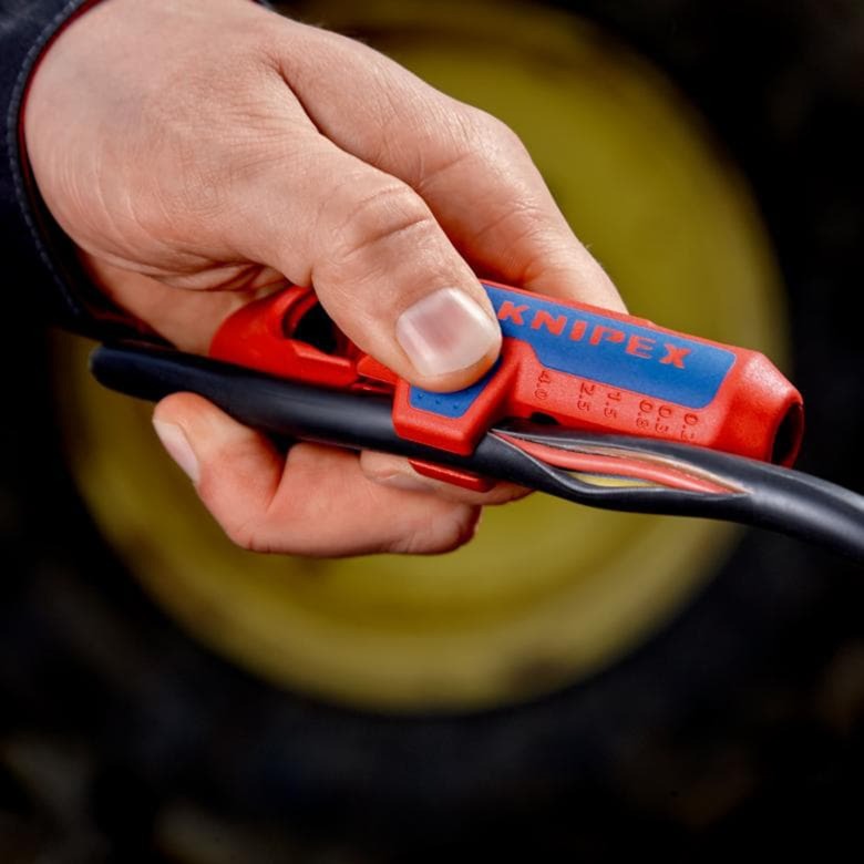 Load image into Gallery viewer, Knipex ergostrip universeel ontmantelingsgereedschap 16 95 02 sb kabelstrip- ontmantelingsgereedschap (rood blauw, links-handig)

