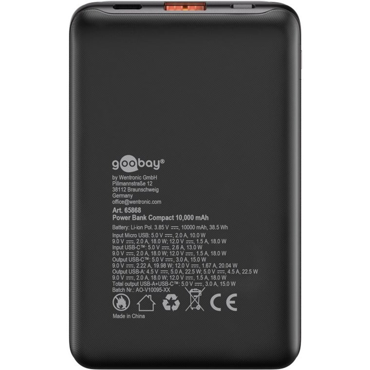Load image into Gallery viewer, Goobay powerbank compact 10.000 mah (zwart, 10 ah, 1x usb-a, 1x usb-c, power delivery, quick charge)
