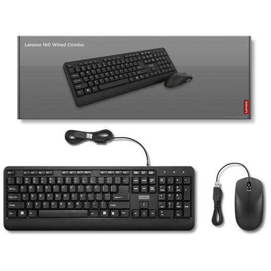 Lenovo 160 wired combo desktopset (zwart, us lay-out (qwerty), 100%, usb-a, 1.600 dpi)