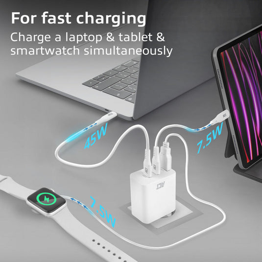 Act connectivity usb-c usb-a lader 65w 3-poorts met power delivery pps, quickcharge en ganfast (wit)