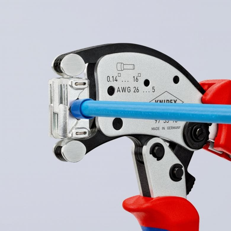 Load image into Gallery viewer, Knipex twistor 16 zelfinstellende krimptang voor adereindhulzen (rood blauw, met draaibare krimpkop)
