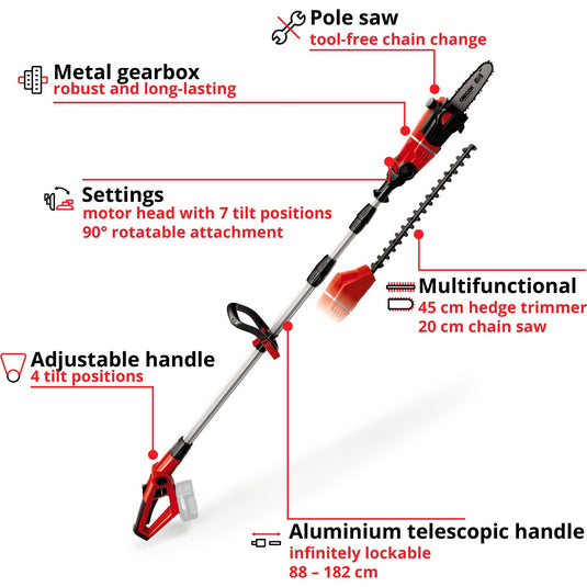 Einhell accu tuin-multitool ge-hc 18 li t solo stoksnoeizaag (rood, accu en oplader niet inbegrepen)