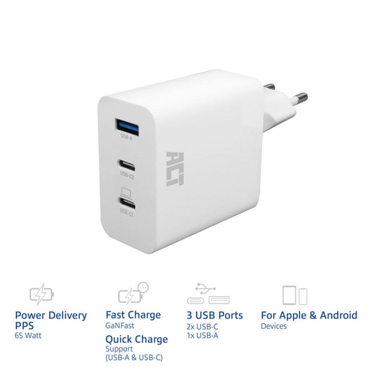 Act connectivity usb-c usb-a lader 65w 3-poorts met power delivery pps, quickcharge en ganfast (wit)