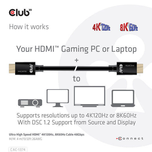 Club 3d gecertificeerde ultra high speed hdmi 2.1 kabel (zwart, 4 meter, 8k)