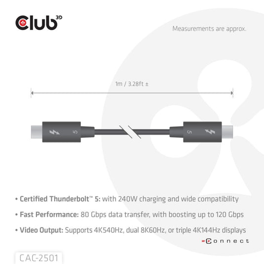 Club 3d thunderbolt 5 gecertificeerde 8k240hz kabel (zwart, data 80 120 gbps, epr 240 watt,1 meter)