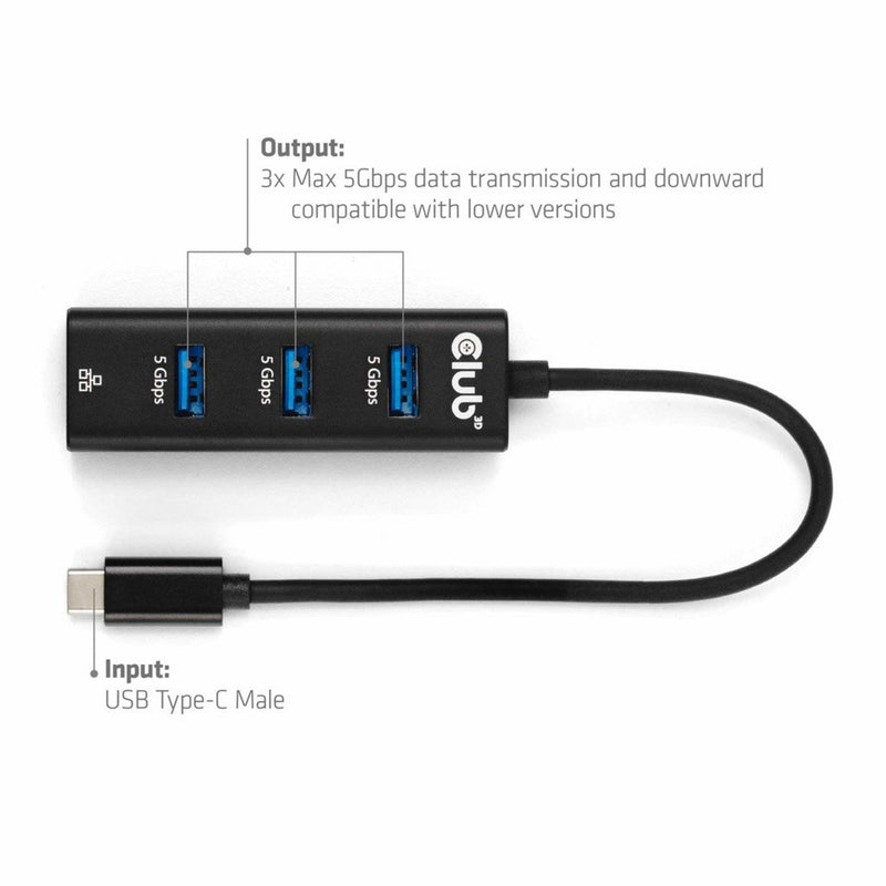 Afbeelding laden in galerijviewer, Club 3d usb-c 5 gbps naar 3 poorten usb type-a-hub met gigabit ethernet adapter (zwart)
