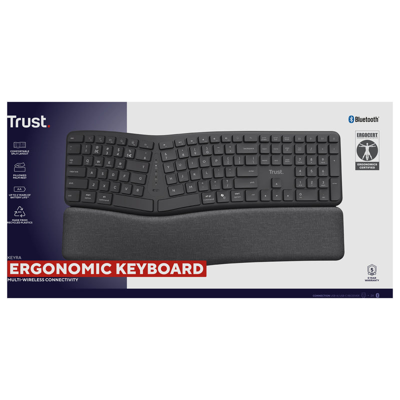 Load image into Gallery viewer, Trust keyra ergonomisch draadloos toetsenbord (zwart, us lay-out (qwerty), 100%, 2.4 ghz usb | bluetooth)
