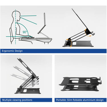 Act connectivity laptopstandaard, aluminium, inklapbaar, traploos in hoogte verstelbaar (zwart)