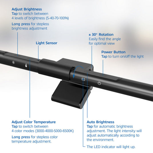 Act connectivity dimbare monitor led lichtbalk led-bar (zwart, usb-voeding, 3000k-6500k)