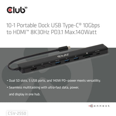Club 3d 10-1 portable dock usb type-c 10gbps to hdmi 8k30hz pd3.1 max.140 watt dockingstation (zwart, hdmi, usb-c, lan)