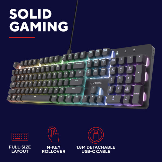 Trust gxt 871 zora mechanisch gaming toetsenbord (zwart, us lay-out (qwerty), huano red, 100%, rgb)
