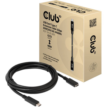 Club 3d usb-c gen 1 verlengkabel (zwart, 2 meter, 5 gbp s, 60 watt)