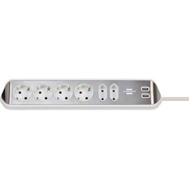 Brennenstuhl ®estilo hoekaansluitdoosstrook met usb laadfunctie 6-weg 4x beschermende contactdozen 2x euro zilver wit