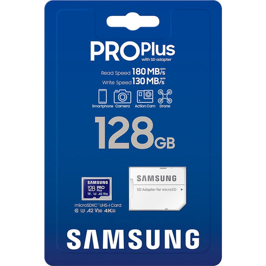 Samsung pro plus 128 gb microsdxc (2023) geheugenkaart (blauw, uhs-i u3, class 10, v30, a2)