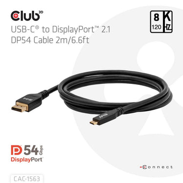Club 3d usb-c naar displayport 2.1 dp54 bi-directioneel kabel, 8k120hz 2m (zwart)