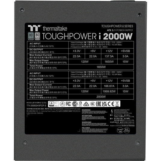 Thermaltake toughpower i modulaire 2000 watt voeding (zwart, 4x 12v-2x6, 8x pcie)