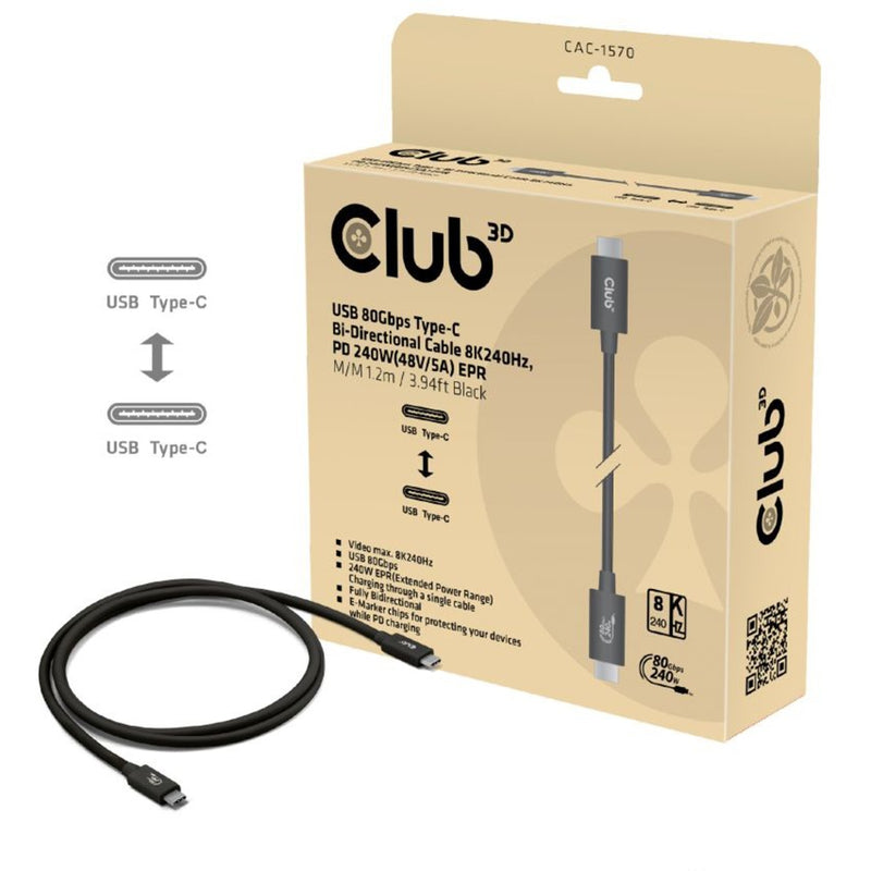 Load image into Gallery viewer, Club 3d usb-c 80gbps certified 240w 8k 240hz kabel (zwart, 1.2m)
