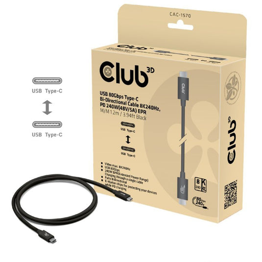 Club 3d usb-c 80gbps certified 240w 8k 240hz kabel (zwart, 1.2m)