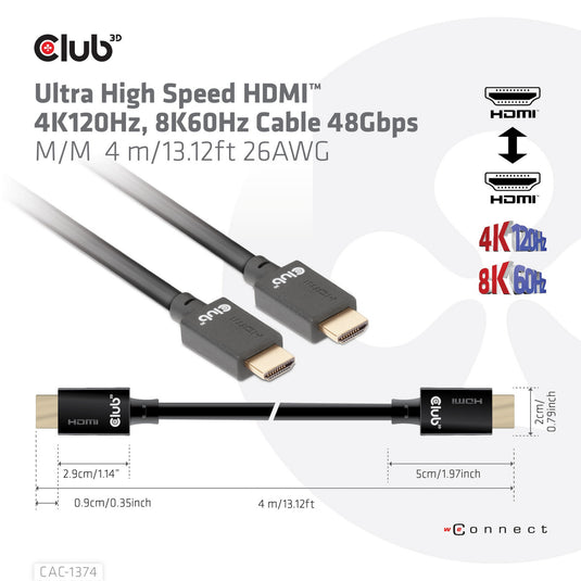 Club 3d ultra high speed hdmi 2.1 male-male kabel (zwart, 4 meter, 4k 120hz, 8k 60hz, 48gbps)