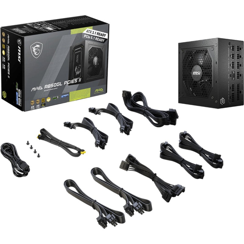 Load image into Gallery viewer, Msi mag a850gl pcie5 ii modulaire 850 watt voeding (zwart, 1x 12v-2x6, 4x pcie)
