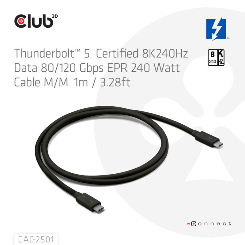 Afbeelding laden in galerijviewer, Club 3d thunderbolt 5 gecertificeerde 8k240hz kabel (zwart, data 80 120 gbps, epr 240 watt,1 meter)
