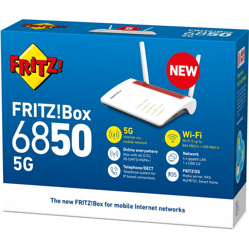 Load image into Gallery viewer, Fritz! box 6850 5g international wlan lte router (wit rood, mesh wi-fi, 4g (lte), 3g (umts hspa+)
