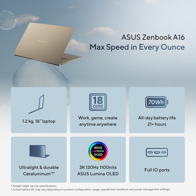 Afbeelding laden in galerijviewer, Asus zenbook a16 ux3607oa-sq013w 16 copilot+ laptop (beige | snapdragon x2e-94-100 | qualcomm adreno | 48 gb | 1 tb ssd | oled)
