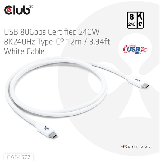 Club 3d usb-c 80gbps certified 240w 8k 240hz kabel (wit, 1.2m)