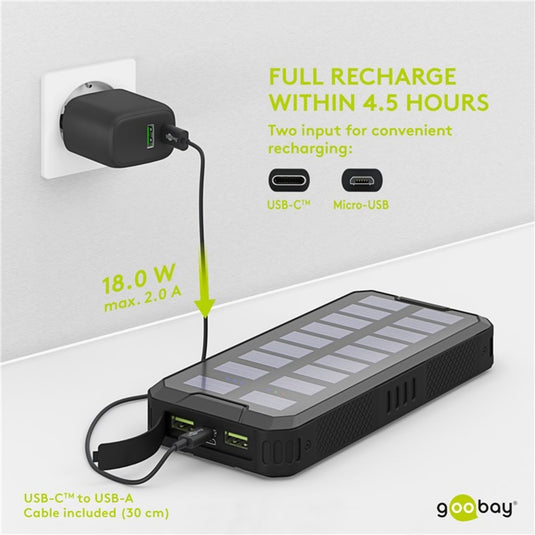 Goobay outdoor solar power bank 20,000 mah with power delivery powerbank (zwart)