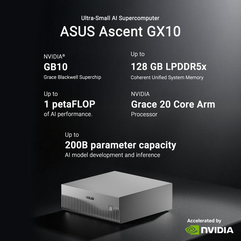 Load image into Gallery viewer, Asus ascent gx10 arm v9.2-a 128 1 mini-pc (donkergrijs | nvidia gb10 grace blackwell | dgx spark | nvlink-c2c | 128 gb | 1 tb ssd)
