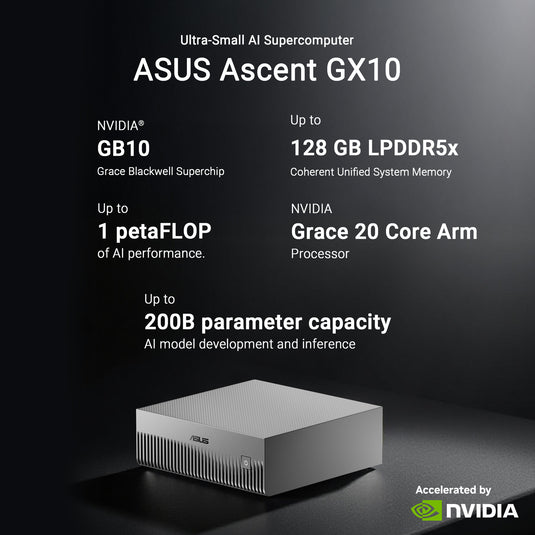 Asus ascent gx10 arm v9.2-a 128 1 mini-pc (donkergrijs | nvidia gb10 grace blackwell | dgx spark | nvlink-c2c | 128 gb | 1 tb ssd)