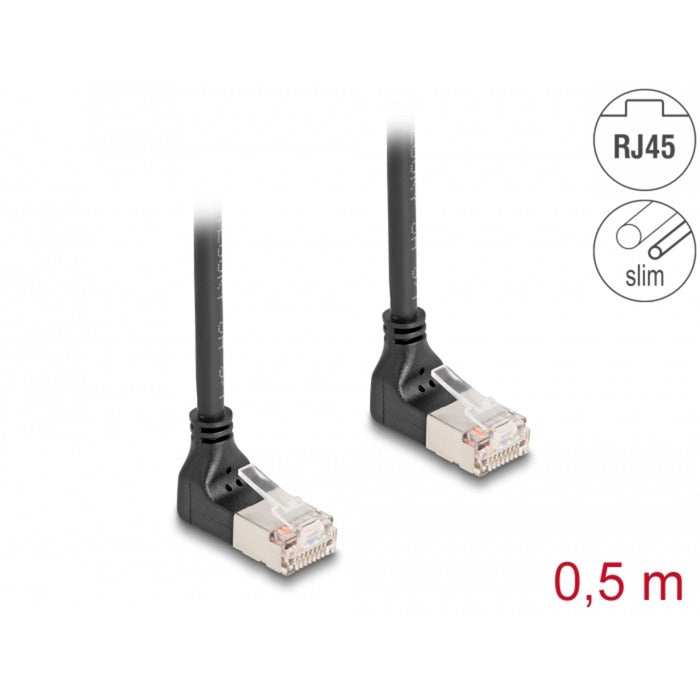 Load image into Gallery viewer, Delock rj45 network cable cat.6a s ftp slim 90° upwards upwards angled 0.5 m kabel (zwart)
