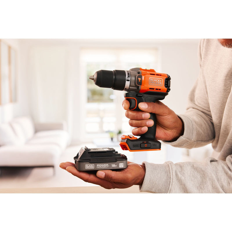 Load image into Gallery viewer, Black+decker 18v 2.0ah schroefklopboormachine (zwart oranje, accu en oplader inbegrepen.)
