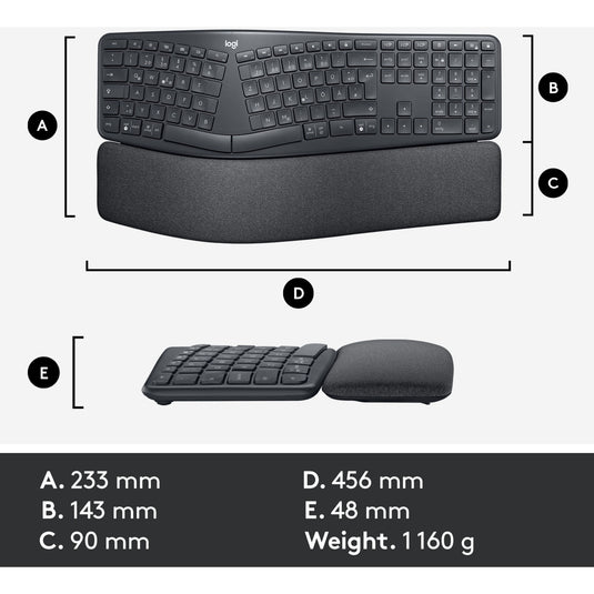 Logitech k860 ergo keyboard, toetsenbord (zwart, bluetooth, us international iso)